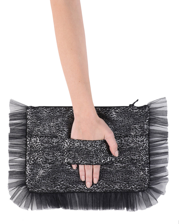 Textured Clutch with Tulle Ruffles