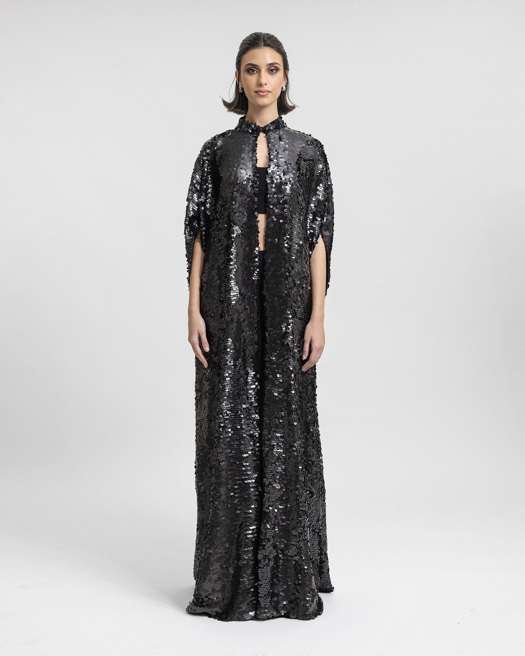 Open Floor-Length Black Sequins Kaftan