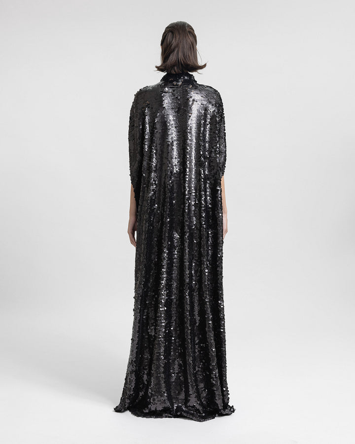 Open Floor-Length Black Sequins Kaftan