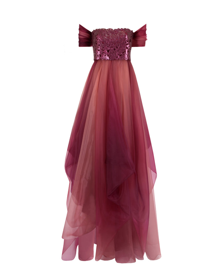 A strapless organza blush aubergine dress, with laser cut intricate bodice and draping details.