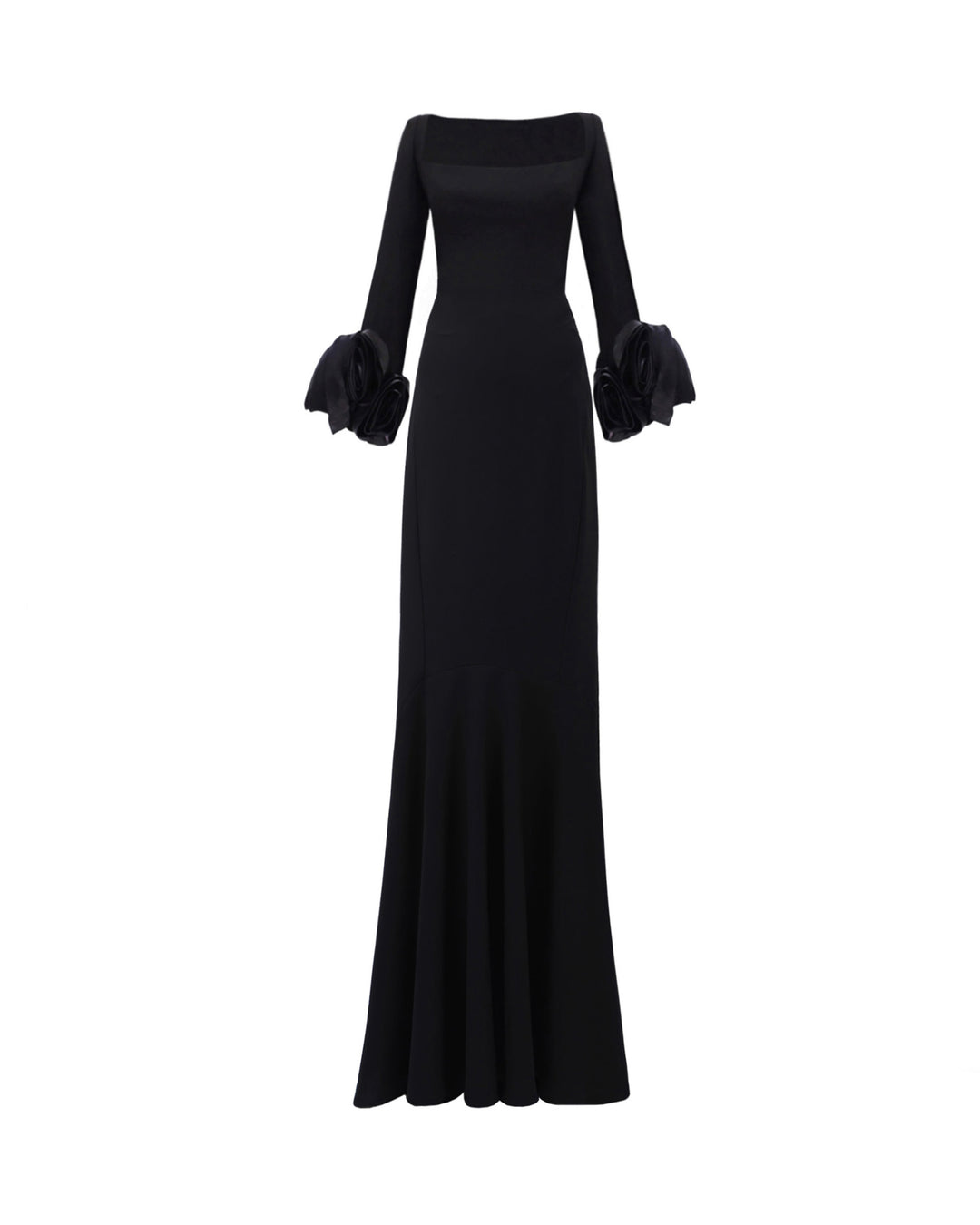 A long sleeved black evening dress in crepe fabric featuring a squared-neckline with floral cuffs and a slim-cut skirt.