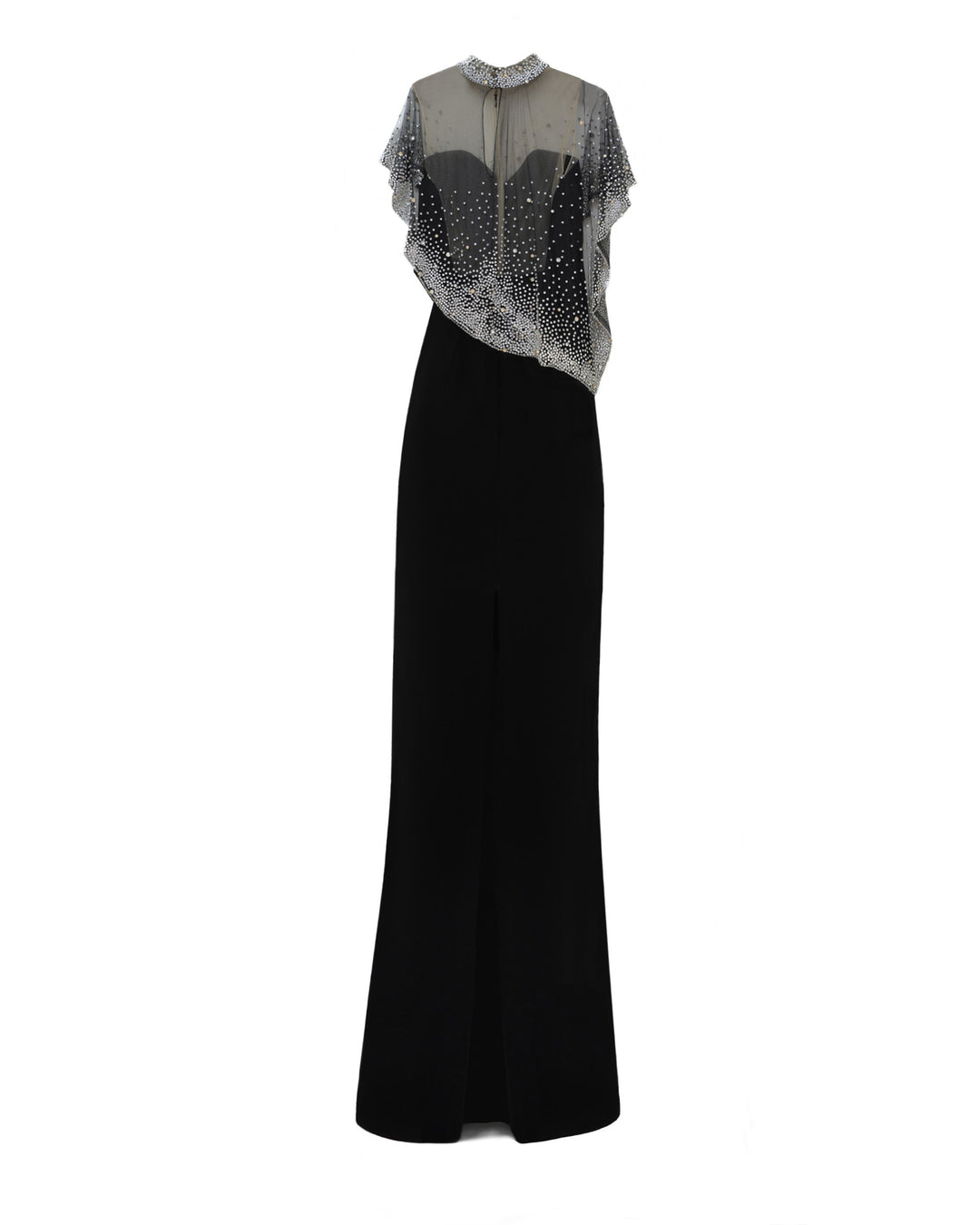 An open back straight-cut black evening dress with an asymmetrical beaded tulle overlay, low back, and a slit at the back.