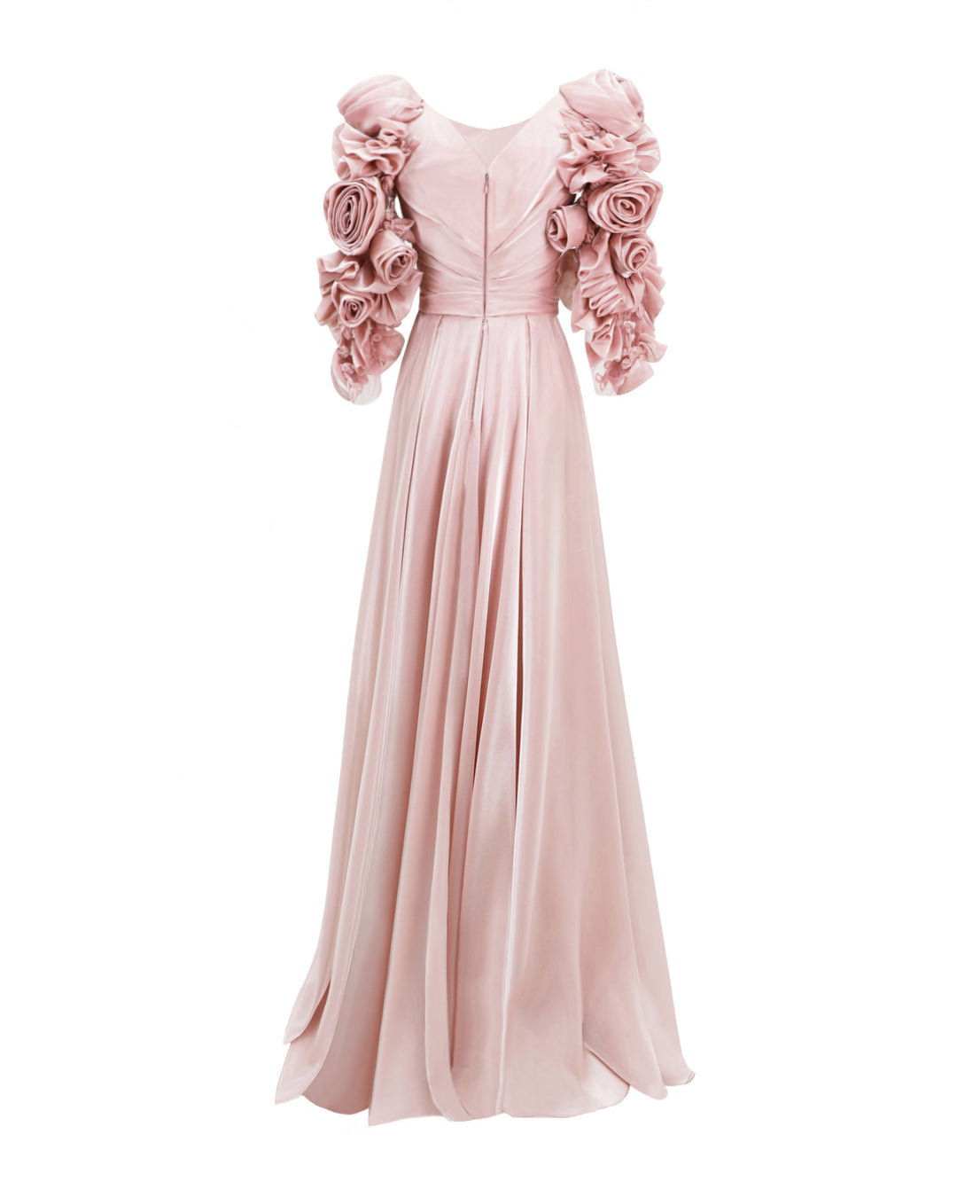 The back of a flared pink evening dress in pink color featuring draping on the waist and full floral sleeves.