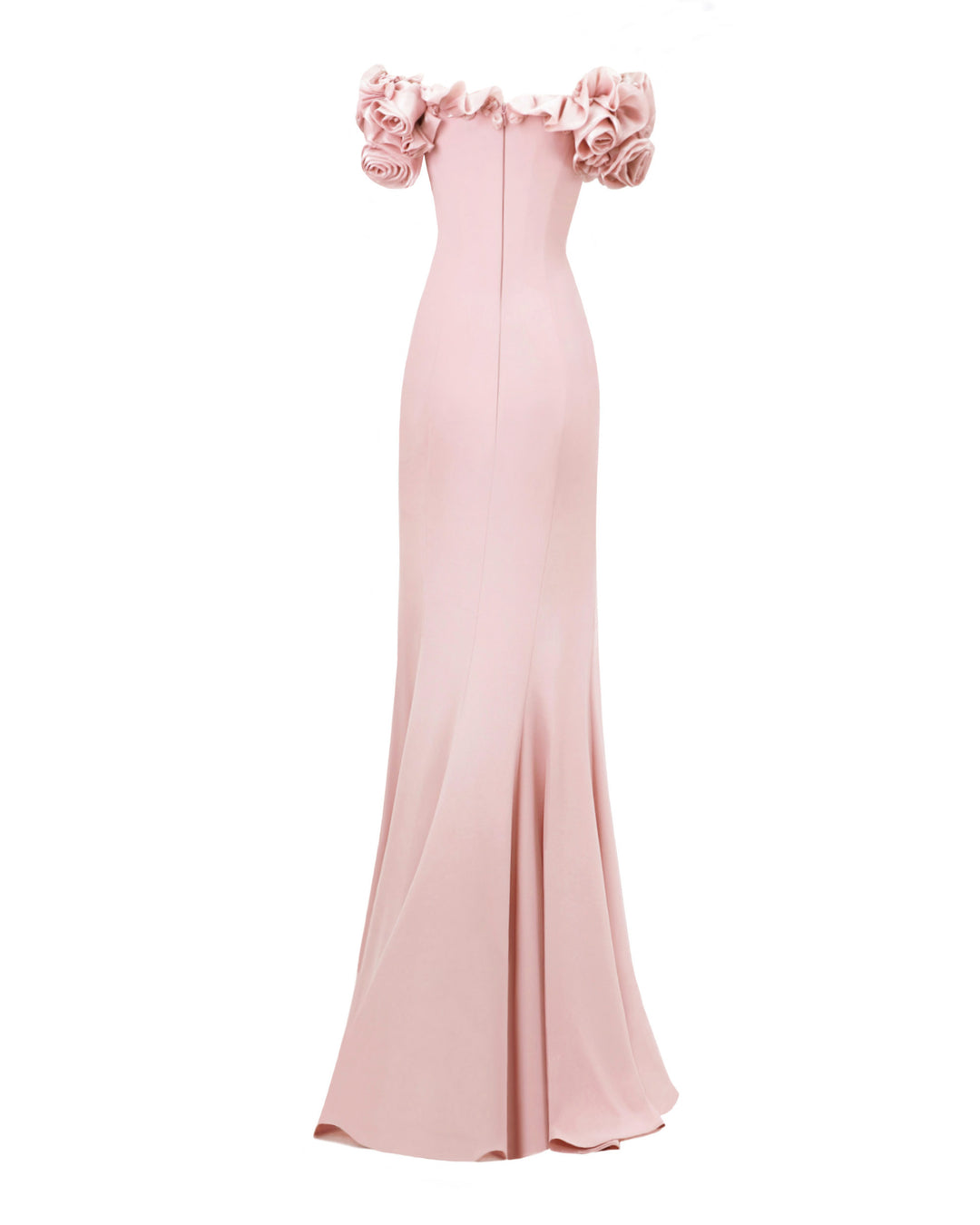 The back of a slim-cut pink evening dress featuring off-the-shoulders floral draping.