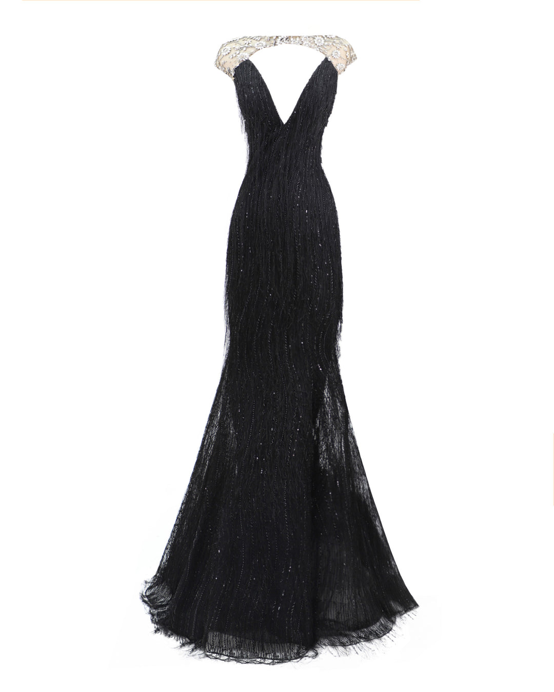 A deep V-neckline black fringes evening dress with a beaded neck and shoulders.