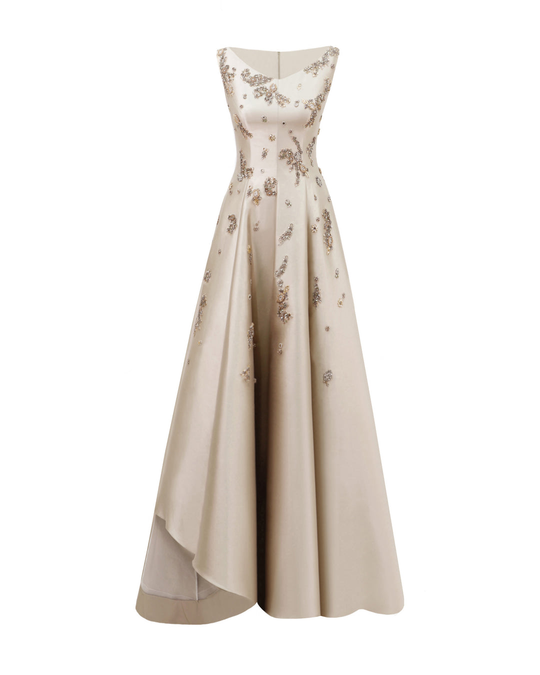 A greige flared mikado evening dress featuring beaded embellishments and an asymmetrical hemline.