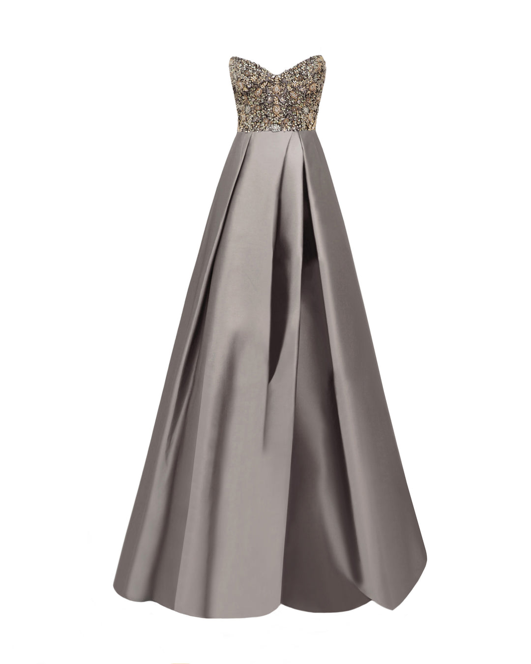 A strapless beaded corset evening dress with a draped full skirt featuring a slit on the side.