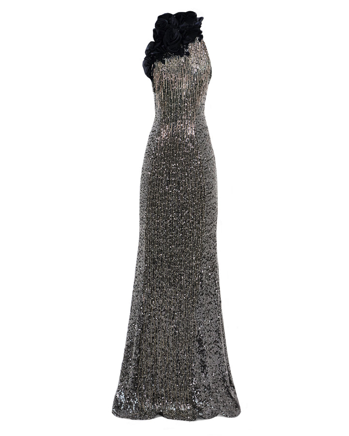 A slim-cut embroidered sequins dress with floral draping on the bodice.