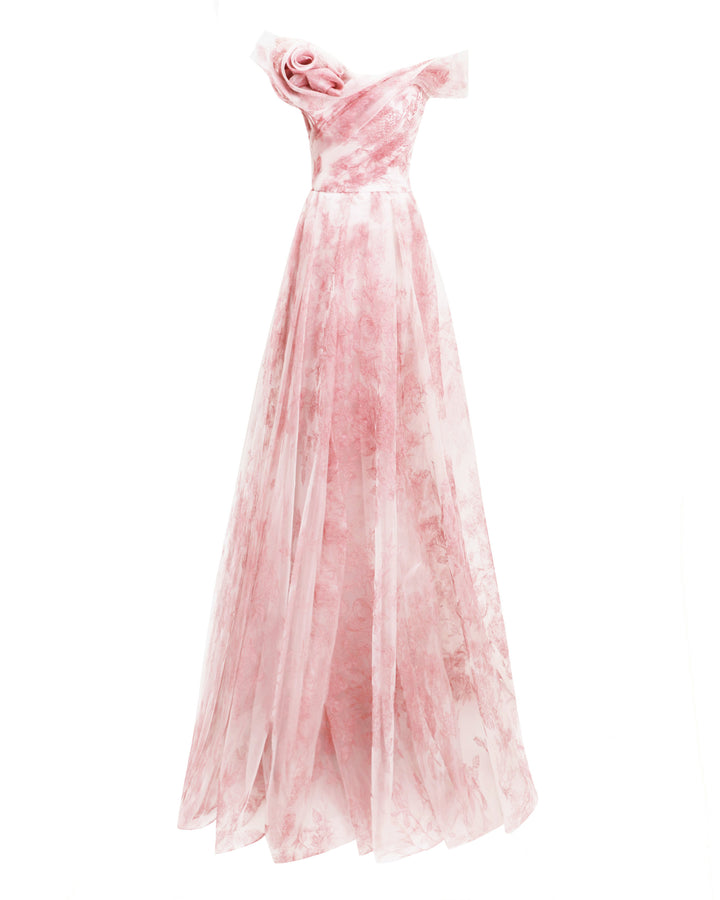 An off-the-shoulders pink evening dress with a floral draped neckline and a flowy skirt.