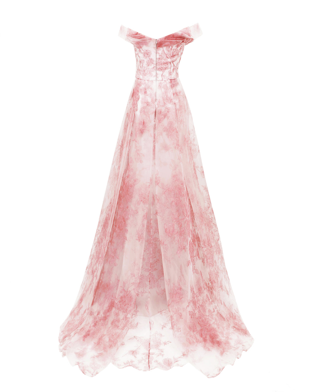 The back of an off-the-shoulders flowy  pink evening dress featuring floral prints.