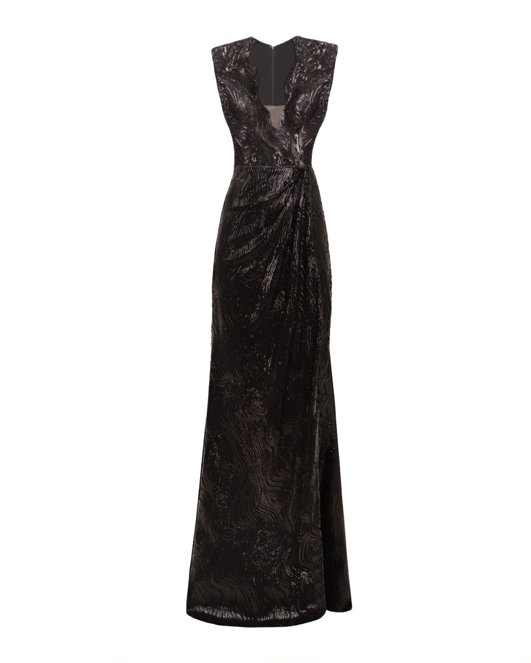 A slim-cut fully sequined black evening dress with a cut-out on the bodice and a slit on the side.