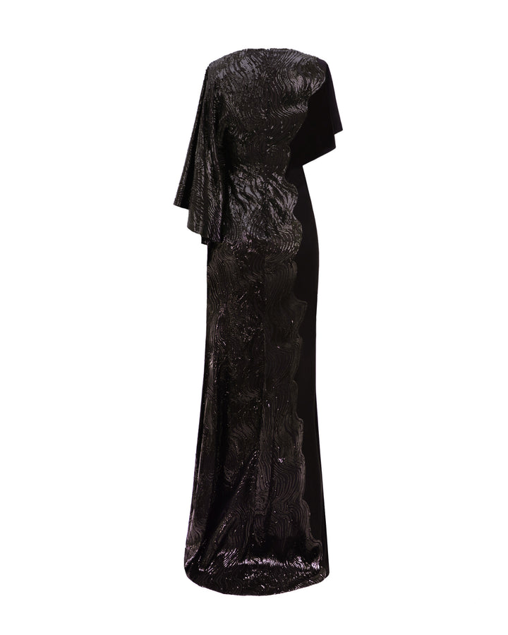 The back of an asymmetrical sleeves, embroidered sequins slim-cut black dress with a black crepe side.