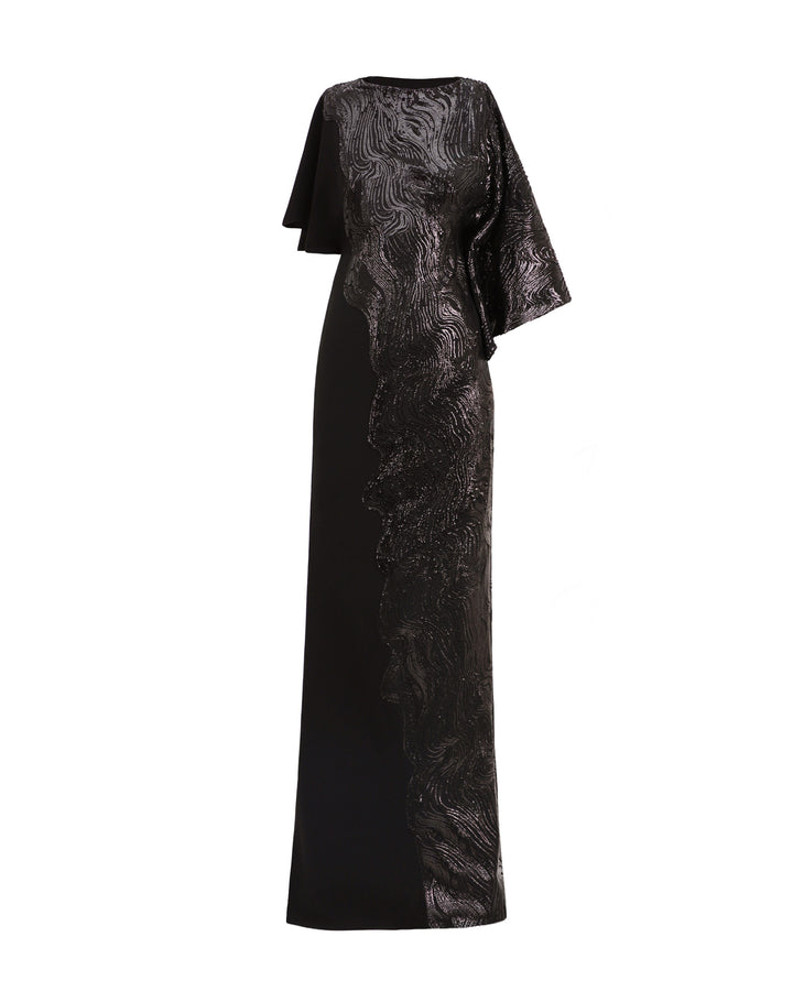 An asymmetrical sleeves, embroidered sequins slim-cut black dress with a black crepe side.