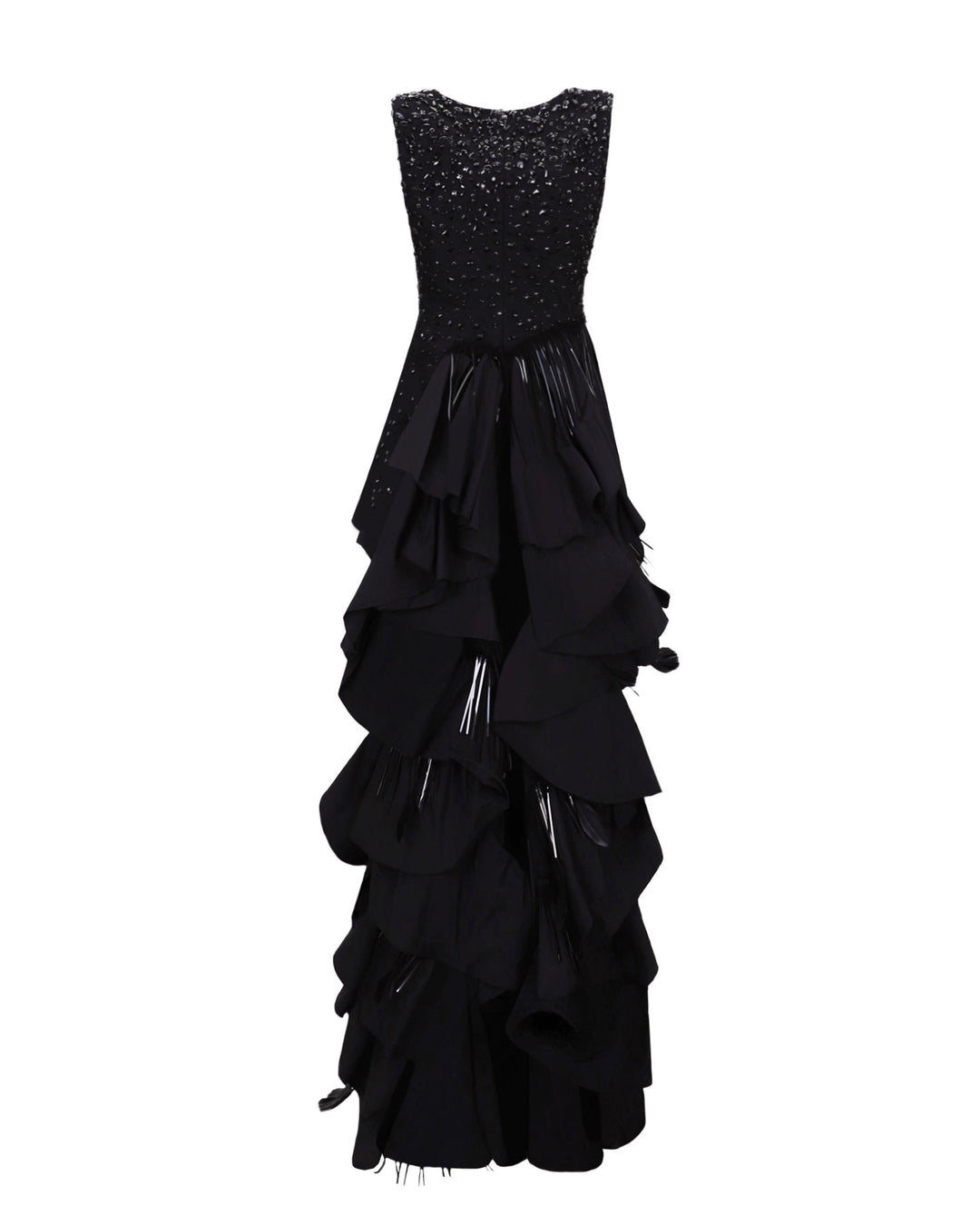 The back of a V-neckline black evening dress with beadings and ruffled taffeta layers.