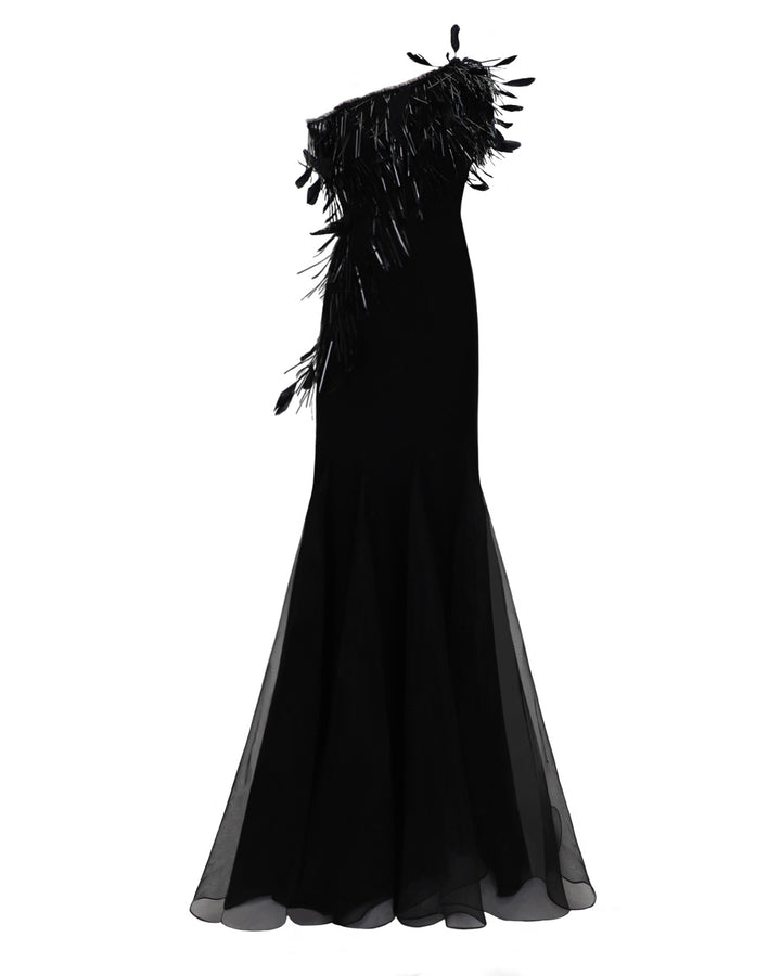 An asymmetrical feather neckline black evening dress with flared organza stripes.