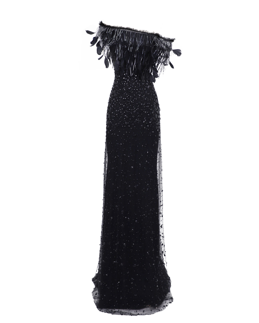 An asymmetrical feather neckline fully beaded black evening dress.