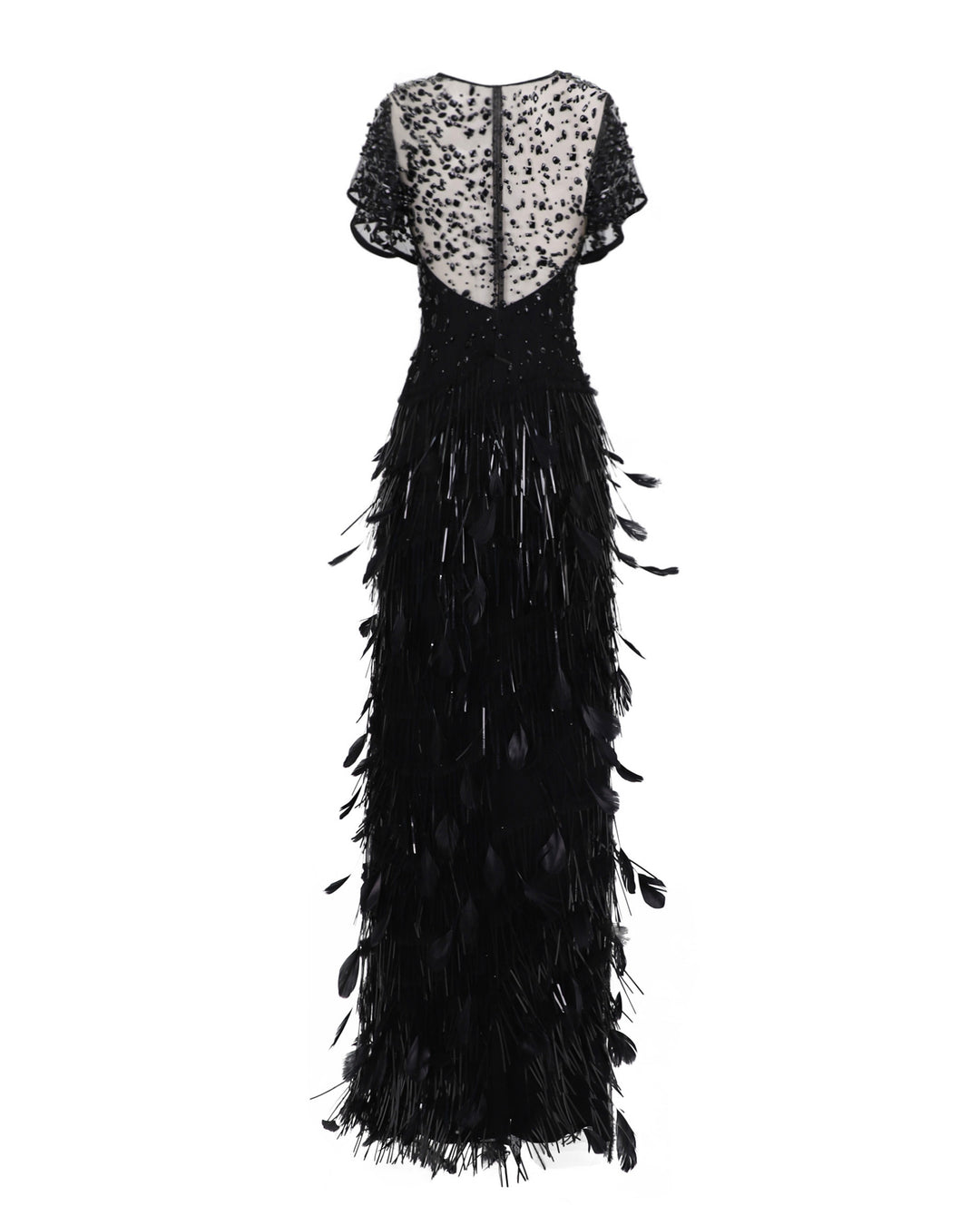 The back of a beaded corset slim-cut feather black evening dress featuring a slit on the side and a see-through back.