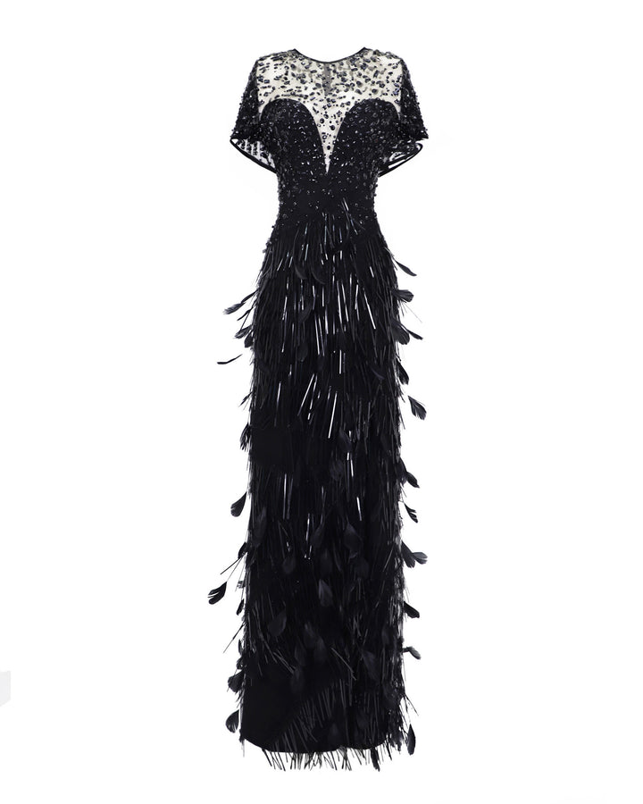 Beaded corset slim-cut feather black evening dress featuring a slit on the side and a see-through back.