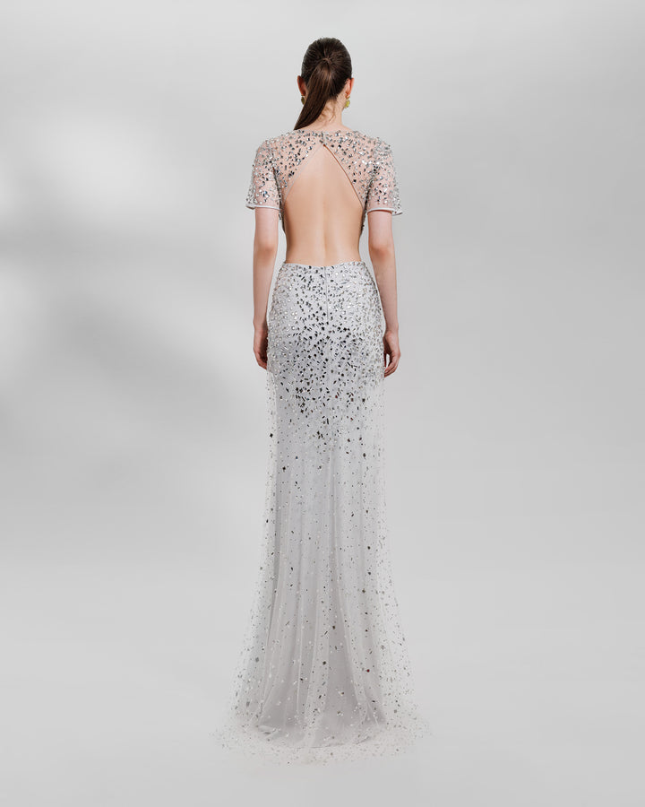 The back of a fully beaded tulle long evening dress, featuring a straight slim cut. Under the tulle a sweetheart shaped bodice with side cut outs, short sheer sleeves and an open back, all in grey color.