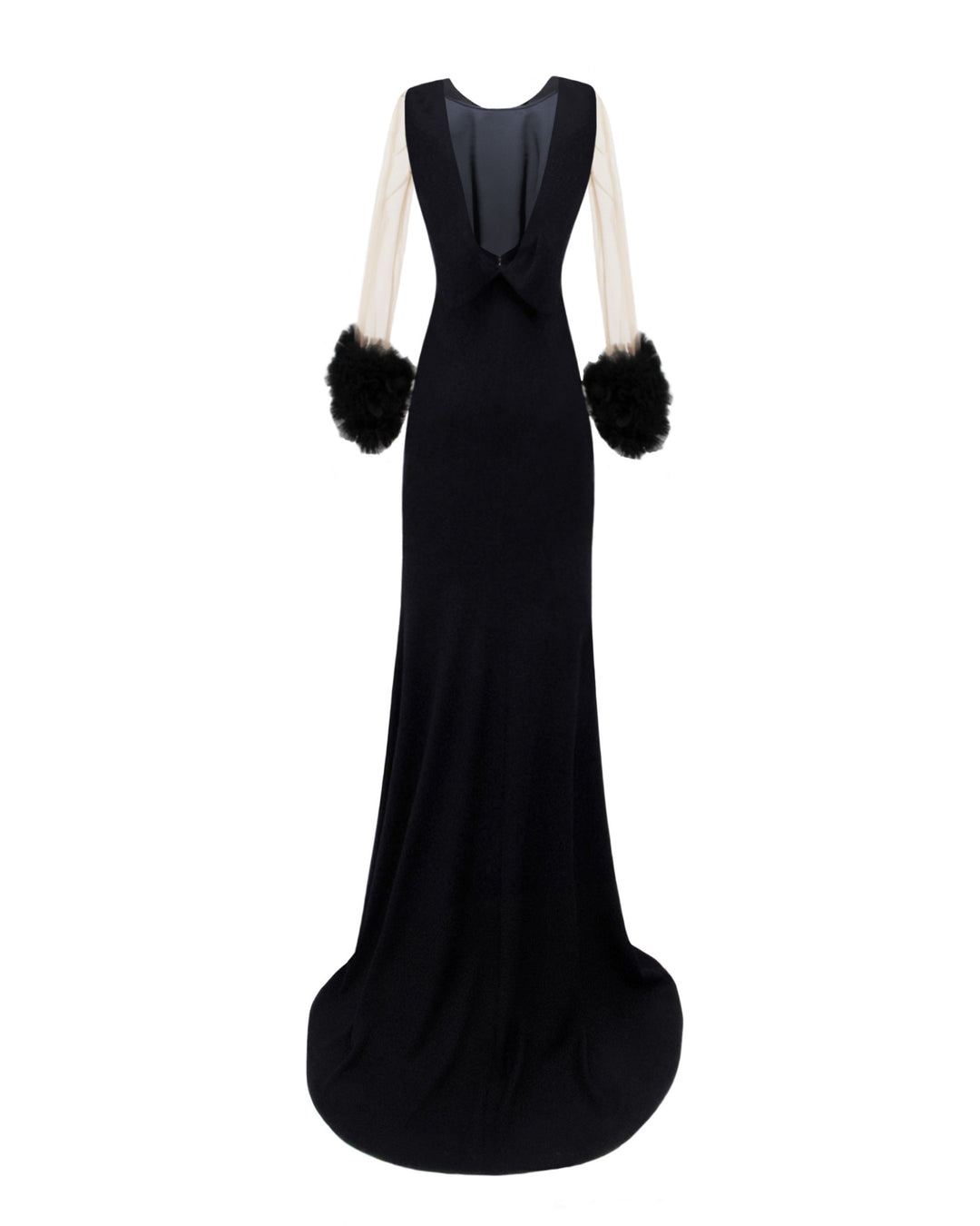 The back of a halter-neck slim-cut black evening dress with a reversed collar, open back, and rushed organza details on the sleeves.