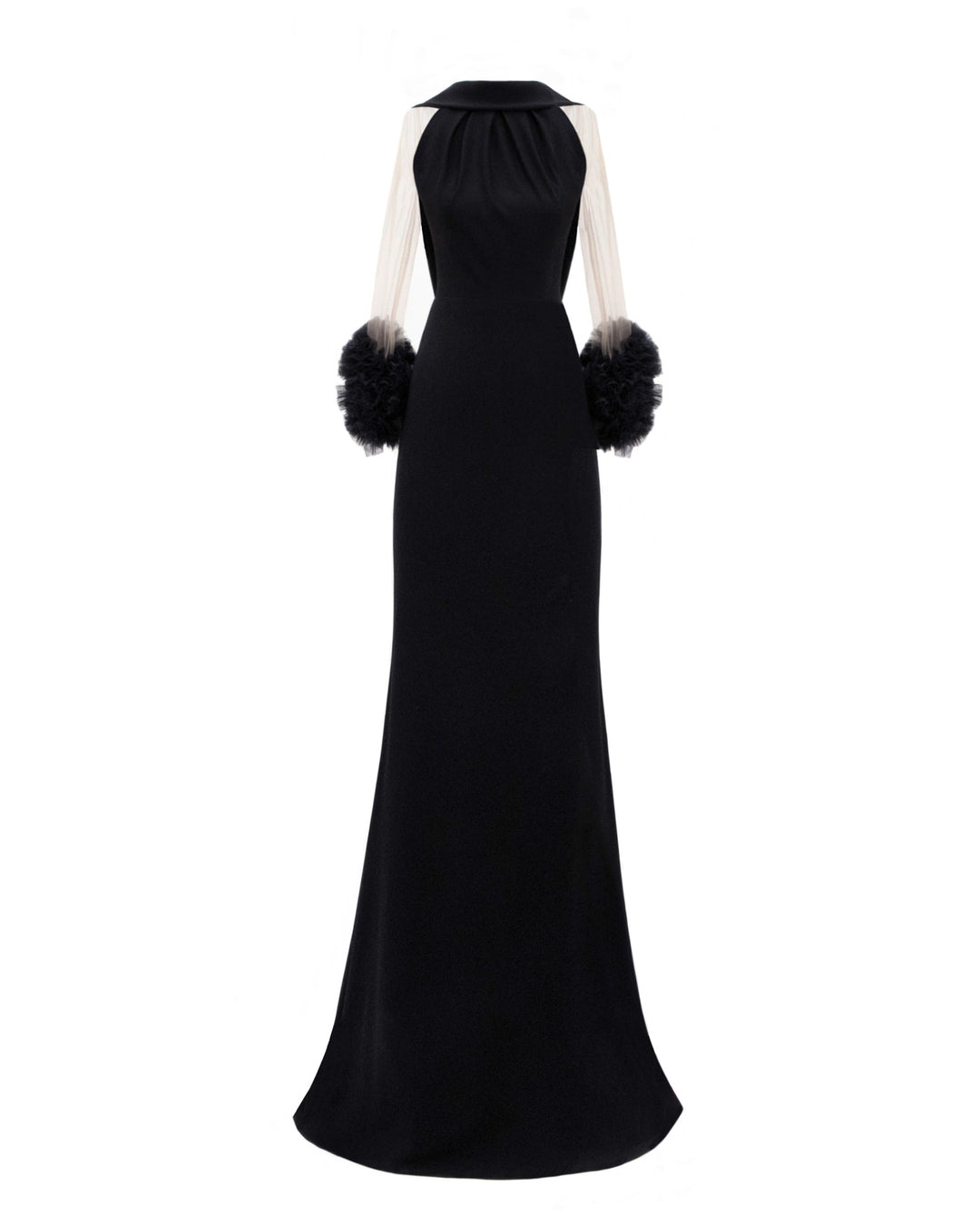 A halter-neck slim-cut black evening dress with a reversed collar, open back, and rushed organza details on the sleeves.