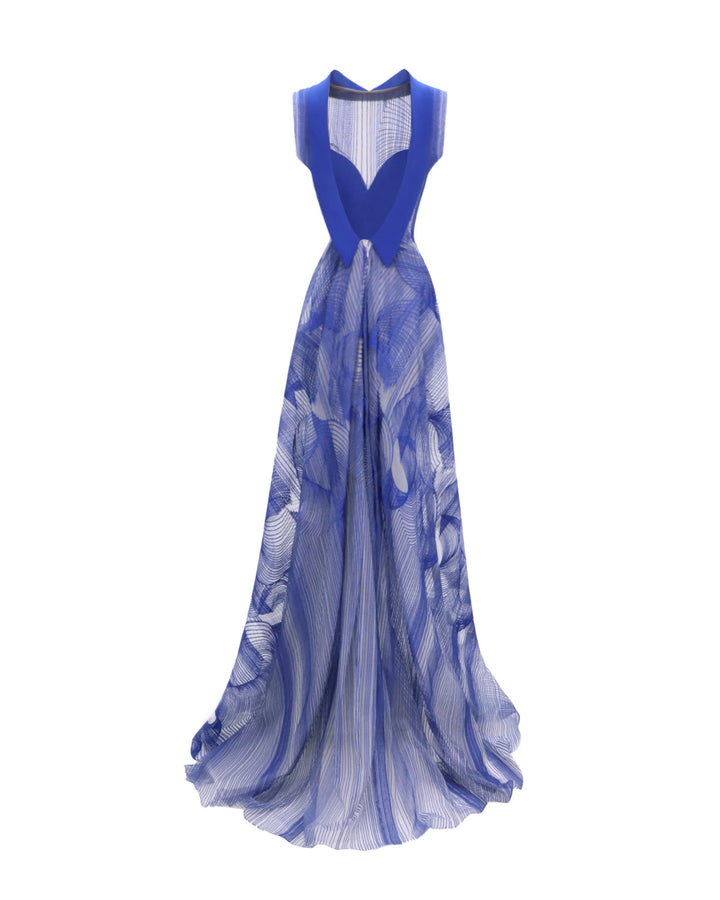 An open back of a royal blue slim-cut embroidered pattern dress with a high neck.