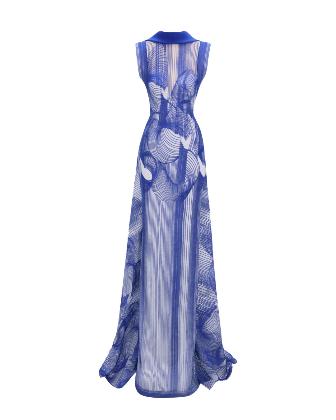 Royal blue Slim-Cut Embroidered Pattern Dress with a high neck.