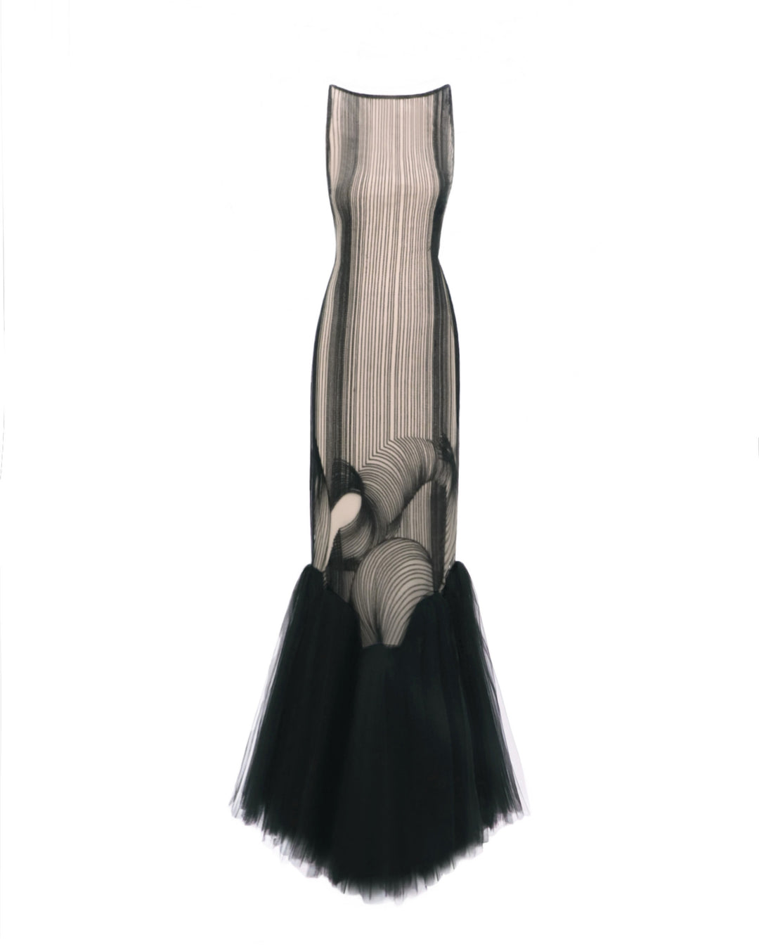 An embroidered pattern black slim-cut dress with a gathered tulle hemline.