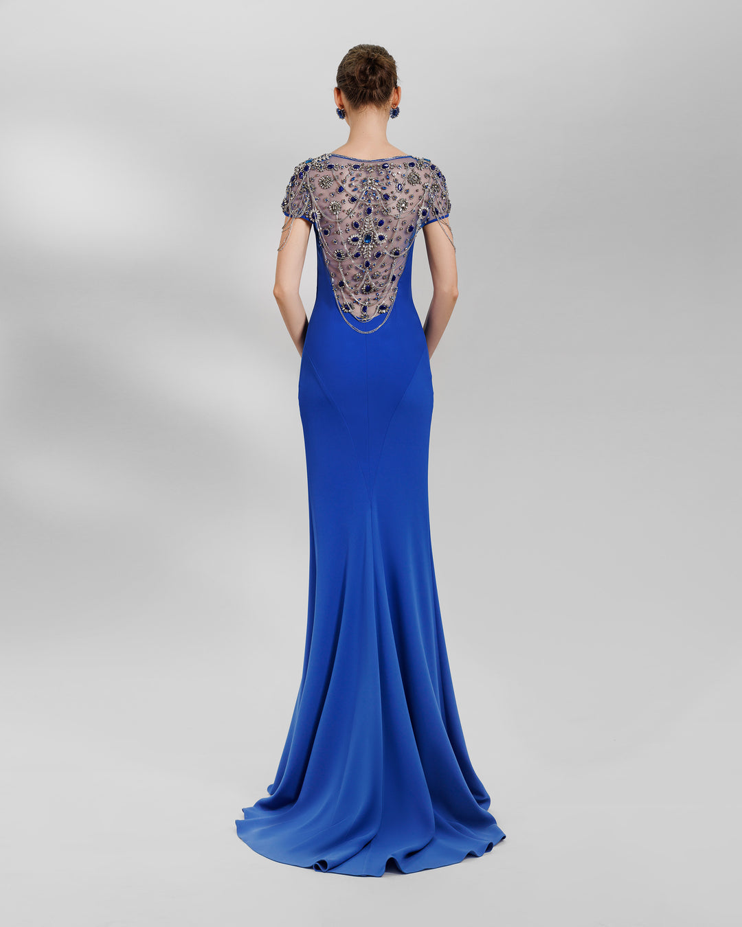 The back of a sweetheart neckline slim-cut blue evening dress, featuring short full beaded see-through sleeves and a full open back with see-through tulle beadings and chains.