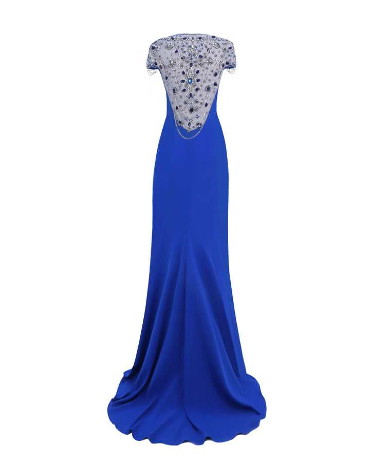 The back of a sweetheart neckline slim-cut blue evening dress, featuring short full beaded see-through sleeves and a full open back with see-through tulle beadings and chains. This dress also has a high middle slit in the front.