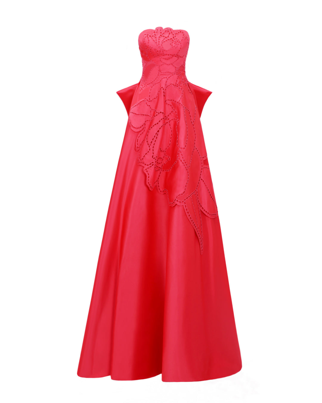 A strapless red evening dress with laser-cut details, a wide flared cut, and draping at the back.