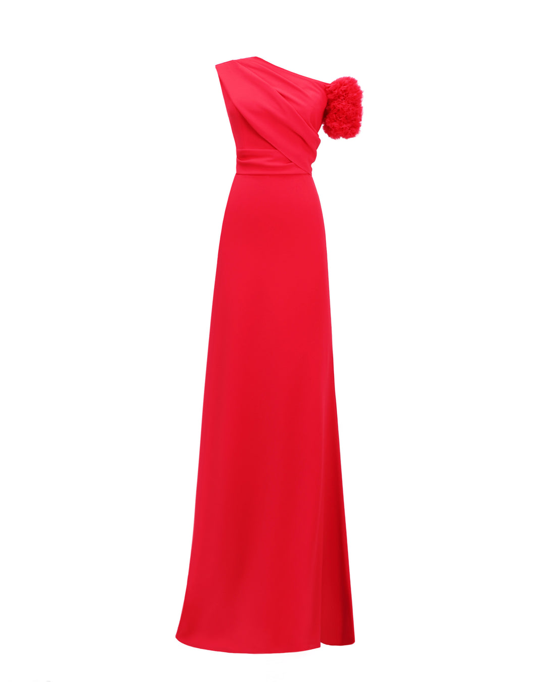 A One-shoulder red evening dress with a rushed organza short sleeve, draped open back, and a ruffled slit.