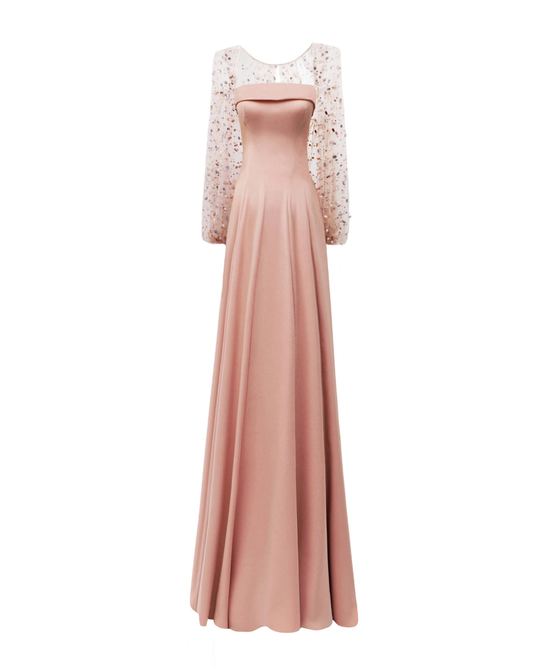 A strapless flared long peach crepe evening dress, featuring a folded strap. Over it a fully beaded tulle Bolero.