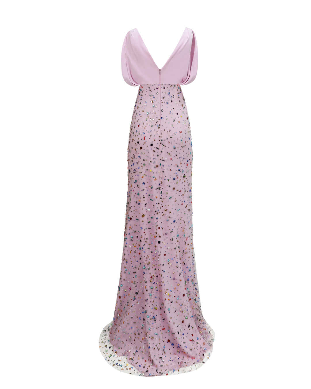 The back of a puffed-shoulders, draped cropped top paired with a beaded Long skirt forming an amazing long multicolor beaded pink dress.