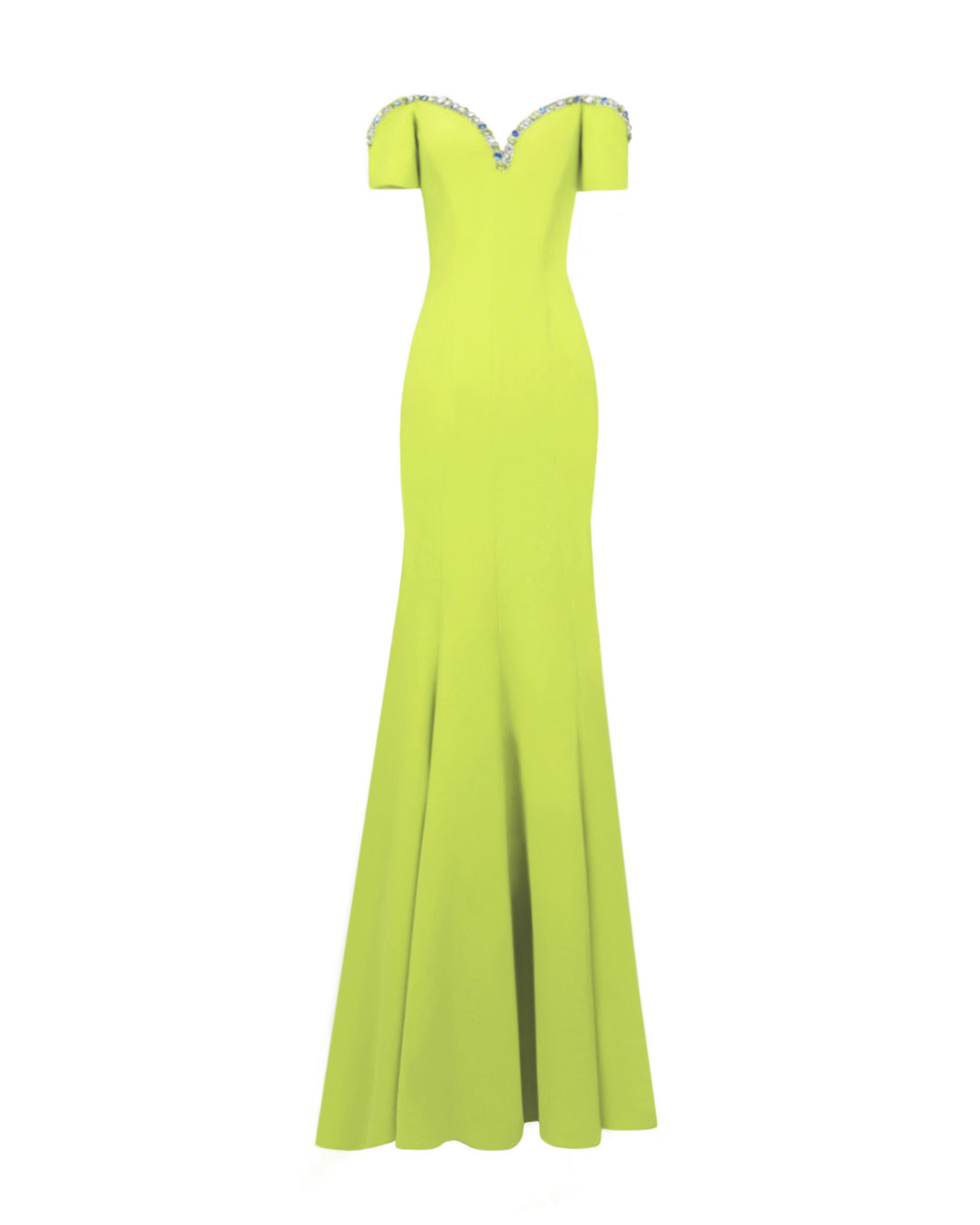 A lime long evening dress with a sweetheart beaded neckline that is off the shoulders. This design is featuring a mermaid cut.