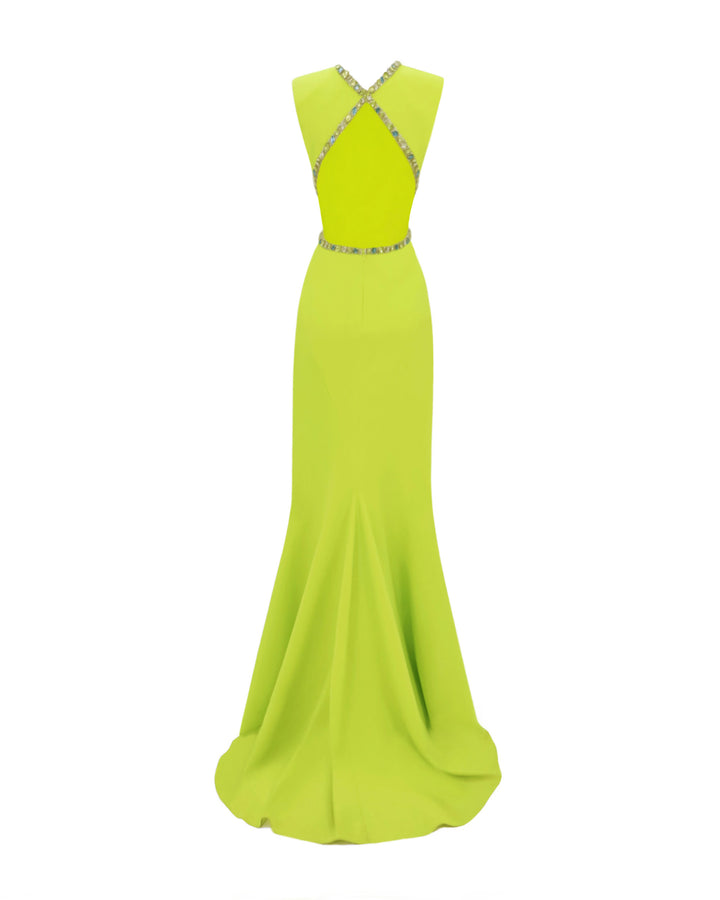 The back of a slim-cut padded shoulders lime long evening dress, featuring beadings on the neckline and the open back.