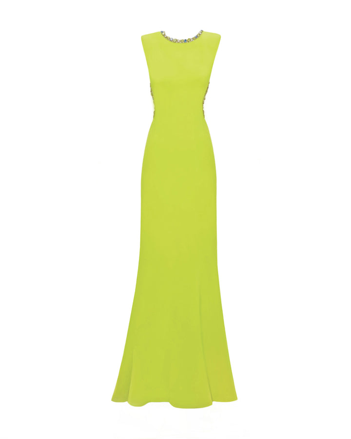 A slim-cut padded shoulders lime long evening dress, featuring beadings on the neckline and the open back.