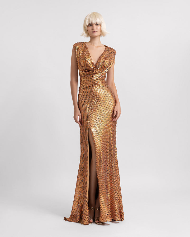 A cowl-neckline full sequins slim-cut copper dress with a slit on the side.