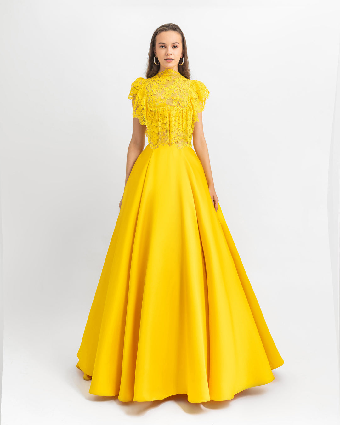 A ruffled details lace top with wide cut satin yellow long evening dress.