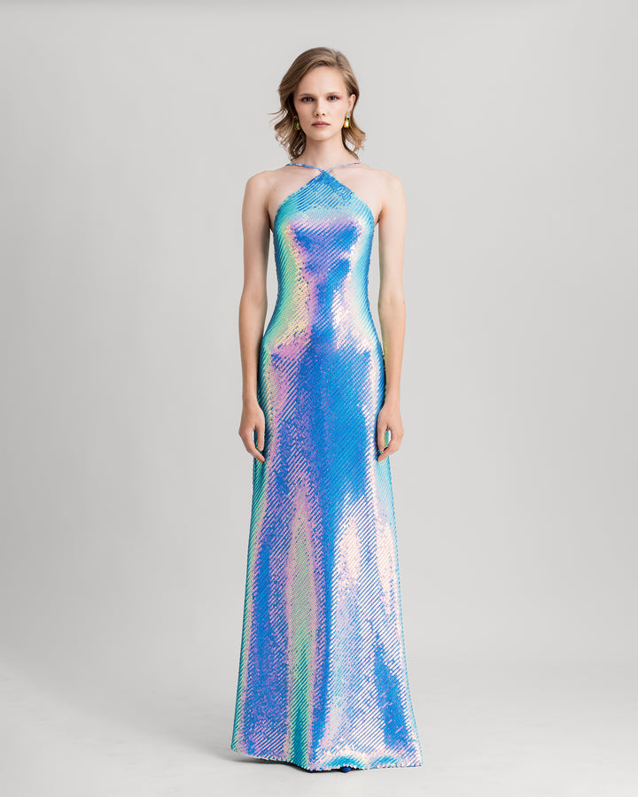 A halter-neck slim-cut fully blue sequined evening dress.