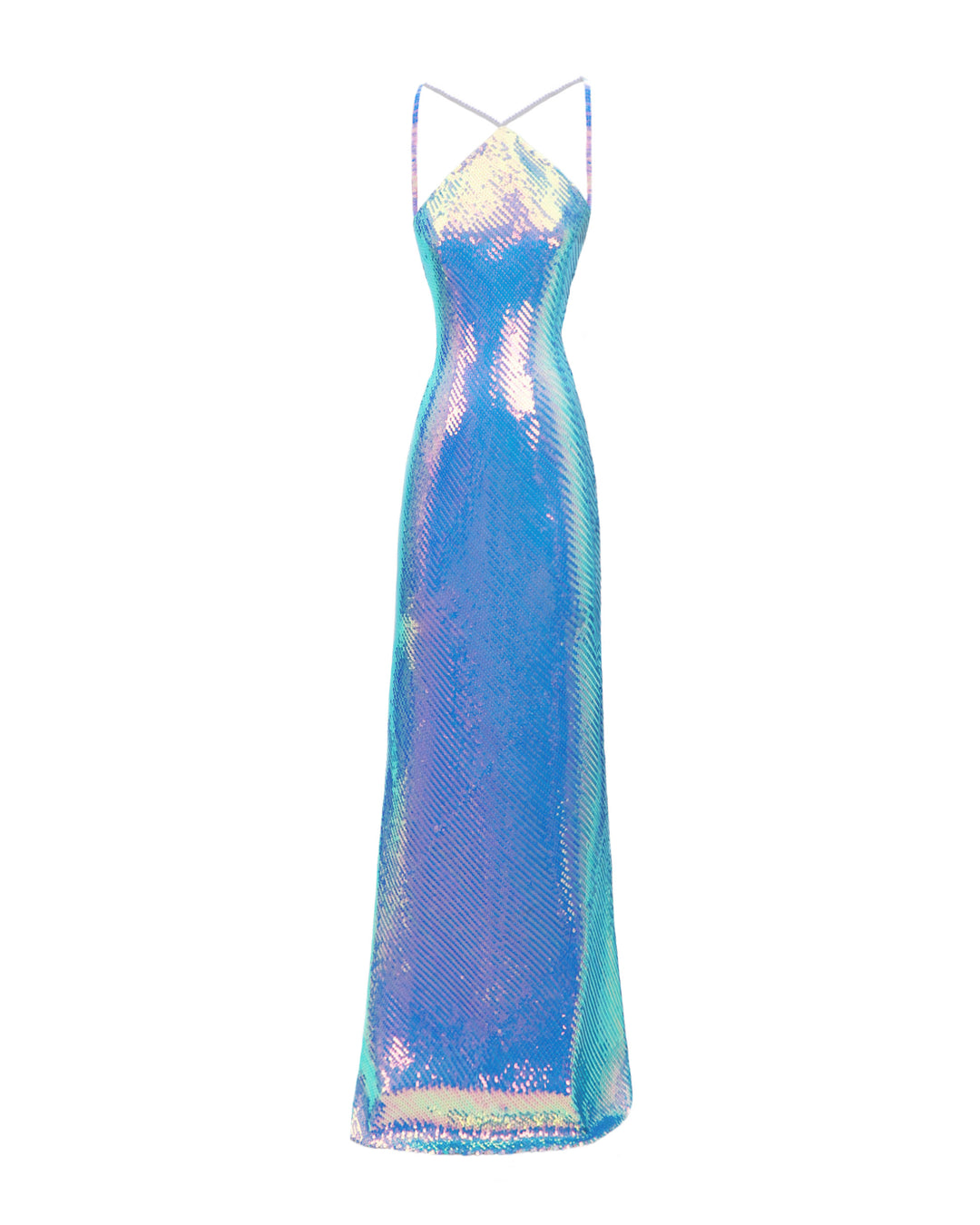 A halter-neck slim-cut fully blue sequined evening dress.