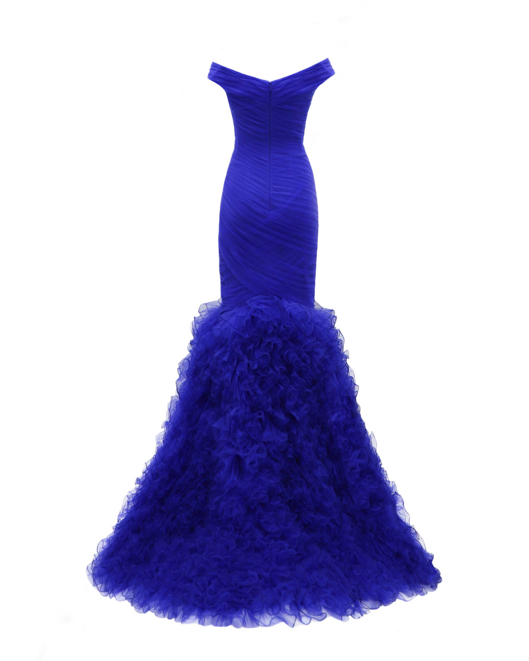 The back of an off-the-shoulders draped mermaid-cut blue evening dress with rushed tulle at the bottom.