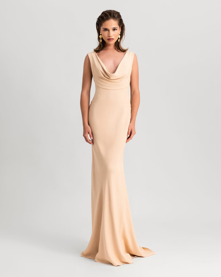 A cowl neckline beige slim-cut evening dress.