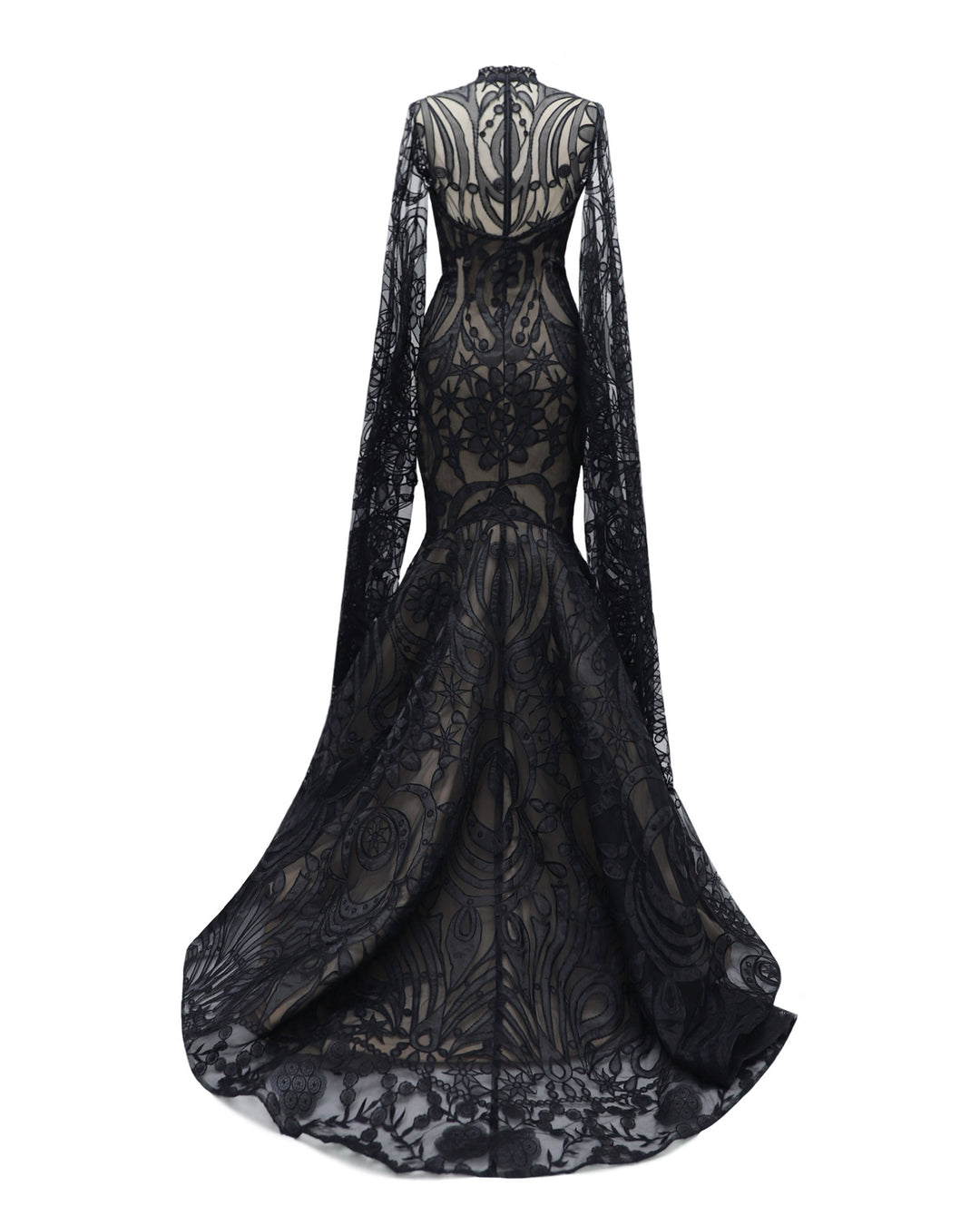 The back of a strapless mermaid-cut black patterned lace evening dress with a flared tail, and a detachable top with floor length sleeves.