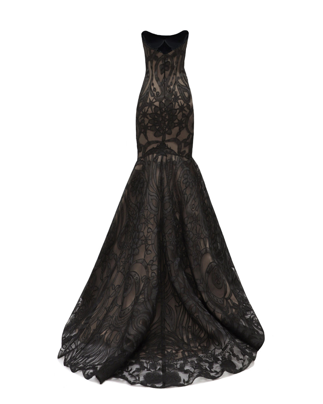 The back of a strapless mermaid-cut lace black evening dress with a flared tail.