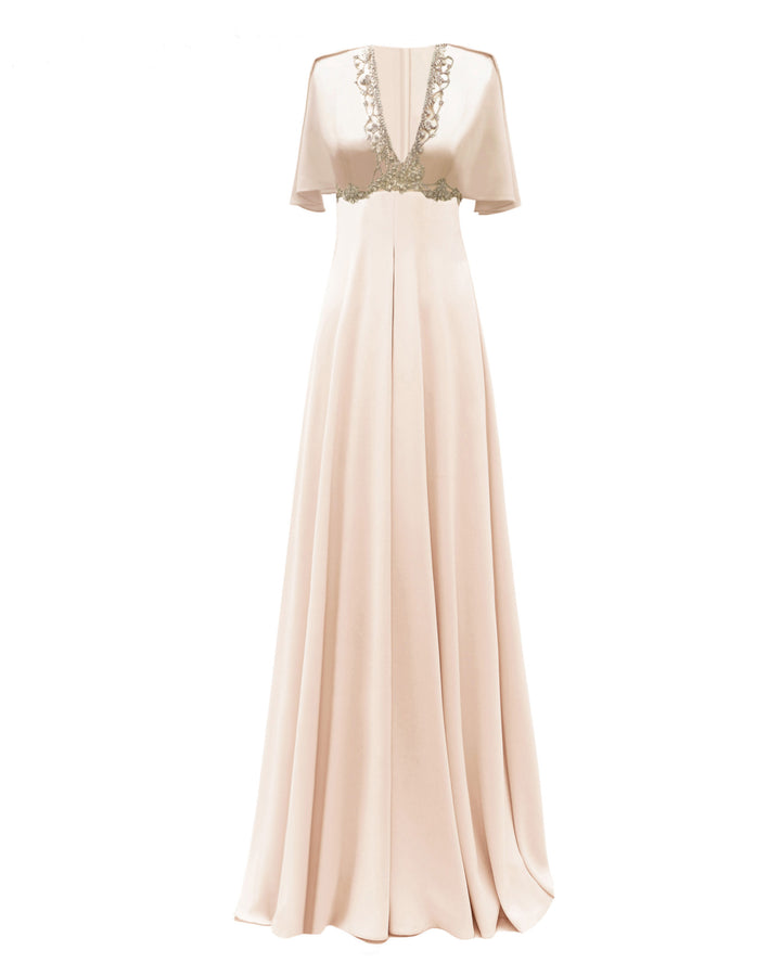 A deep beaded V-neckline evening dress in cream, featuring flared sleeves.