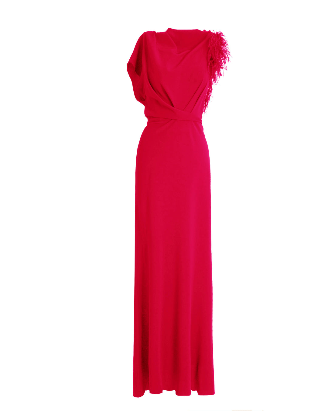 Red Asymmetrical Feathered Crepe Dress