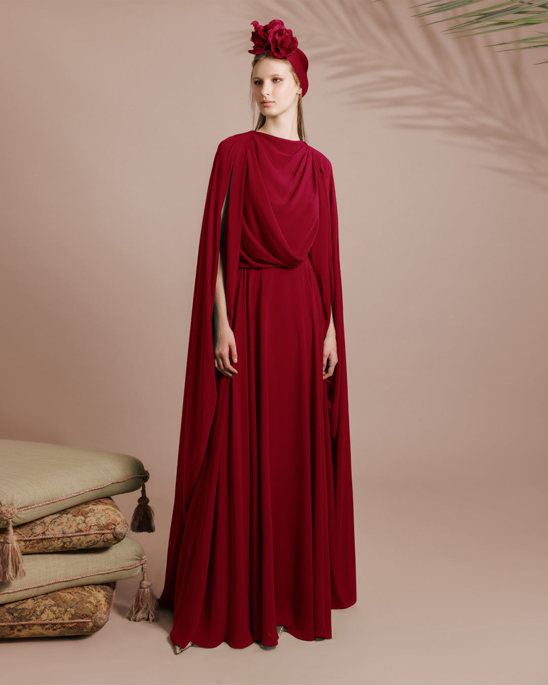 Red Draped Chiffon Kaftan