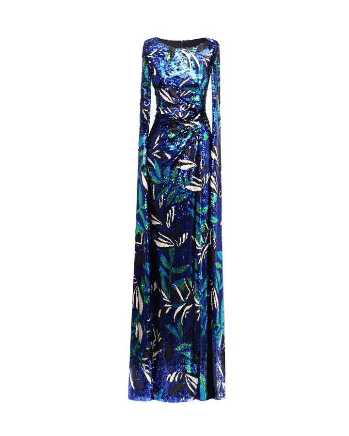 A slim-cut evening dress featuring draping on the waistline and floor-length sleeves in a blue fully sequined fabric.