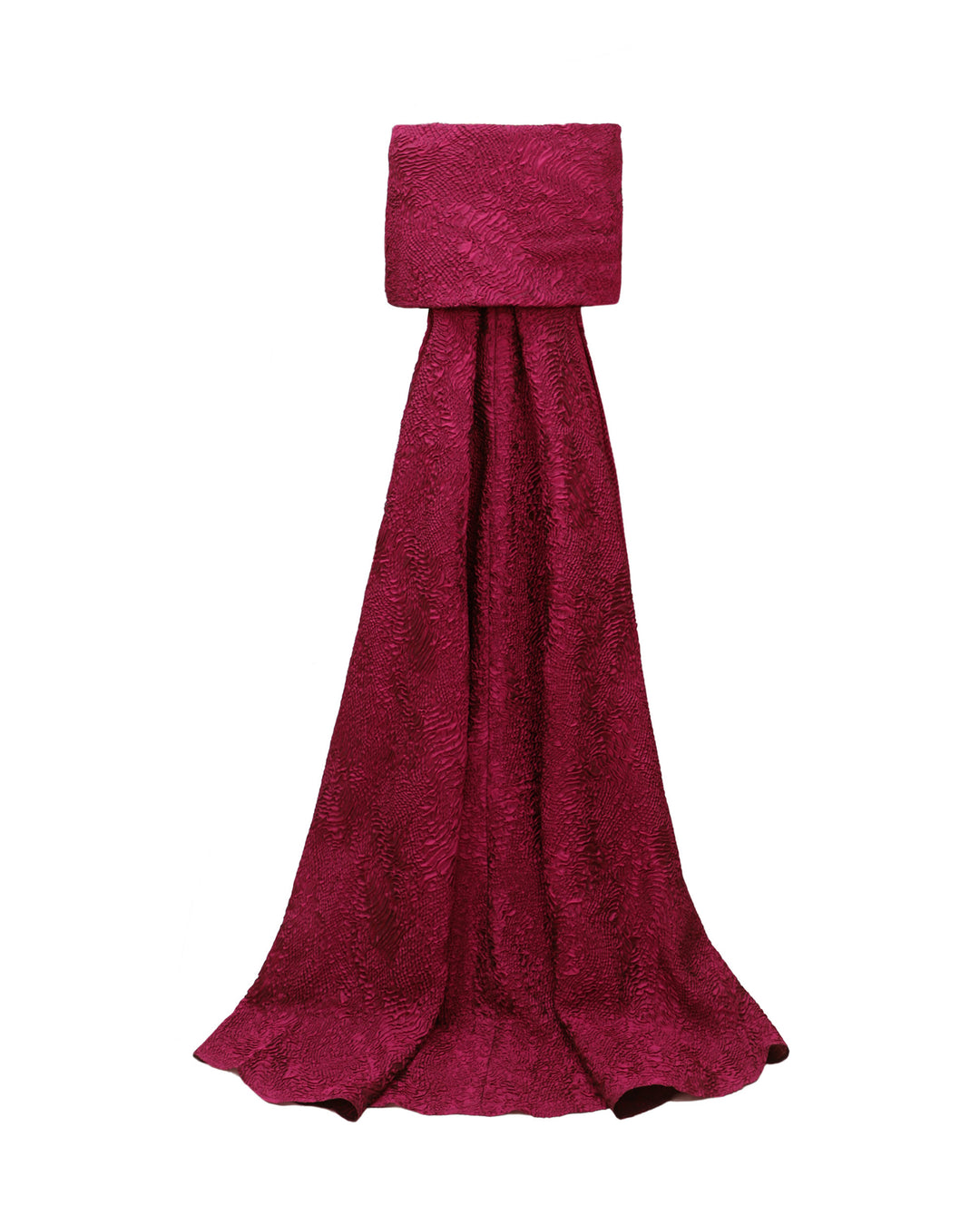 The back of a dark fuchsia strapless evening dress paired with a detachable cape.